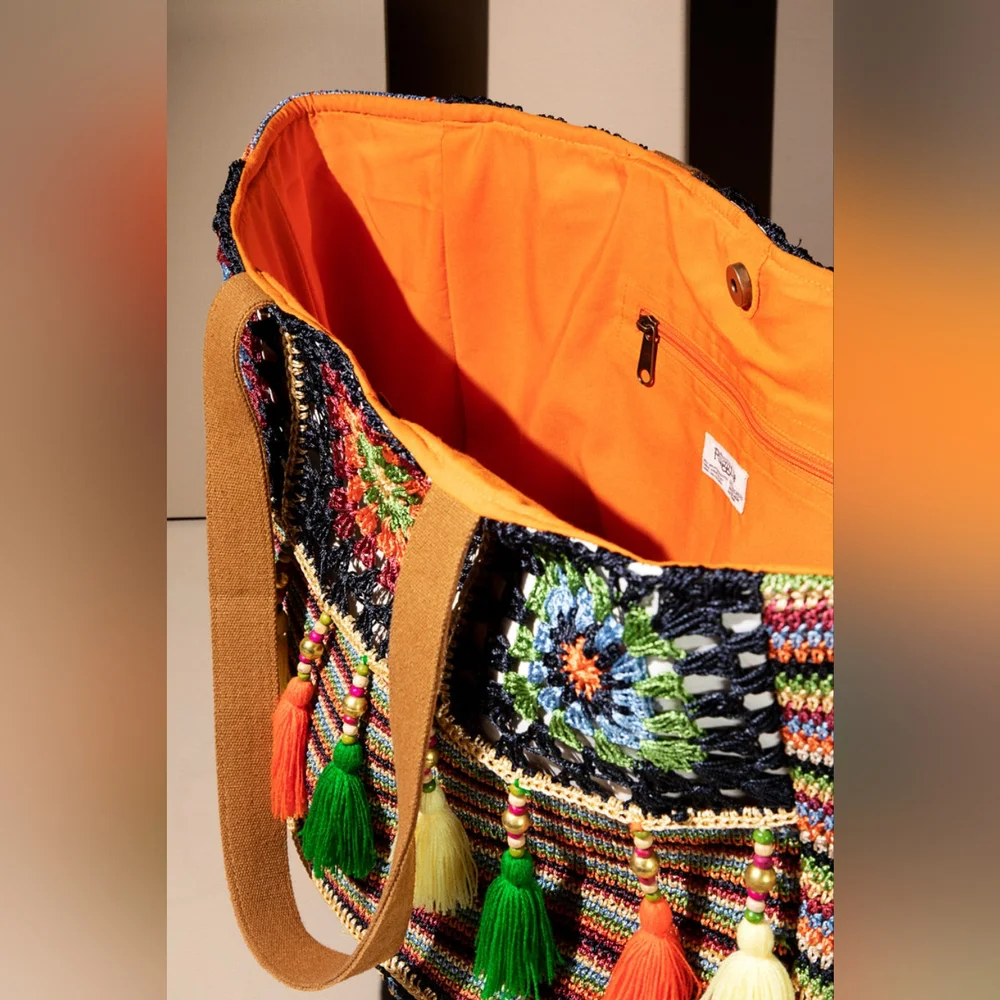 Vibrant Floral & Striped Hand Crocheted Shoulder Bag w/ Colorful Tassel Accents - Picture 8 of 11